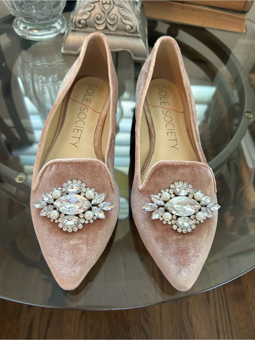 Sole Society Blush Velvet Jeweled Pointed Flats